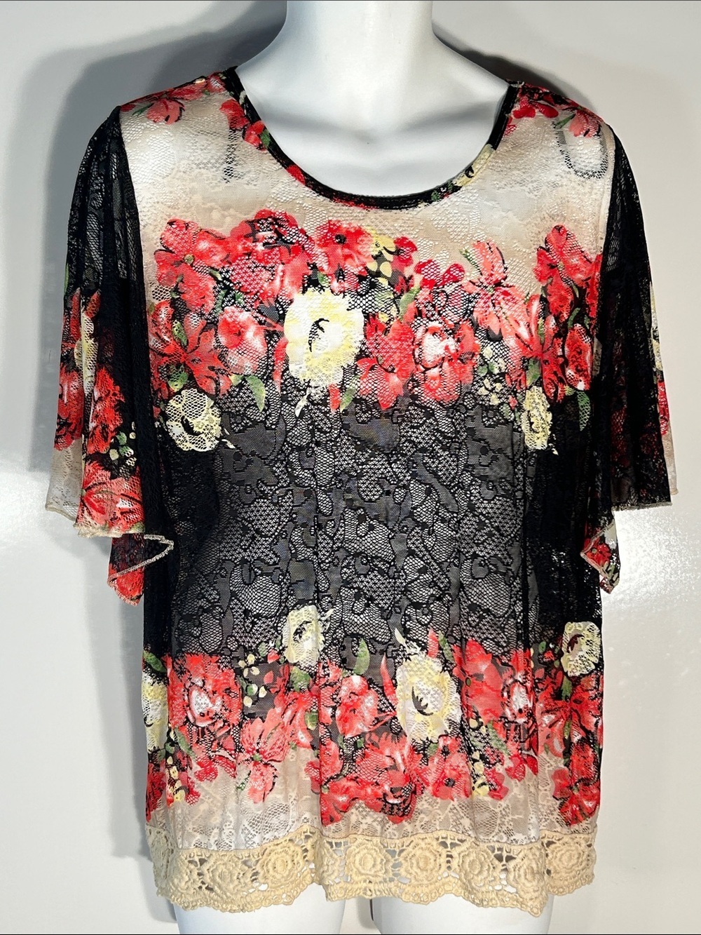 Rain SZ S 1X Black Floral Lace Sheer Blouse Dark Romance Fairy Grunge Whimsigoth